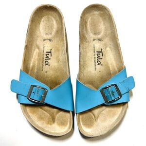 Tula by Birkenstock One Strap Sandals Turquoise Blue with Big Silver Buckle 6